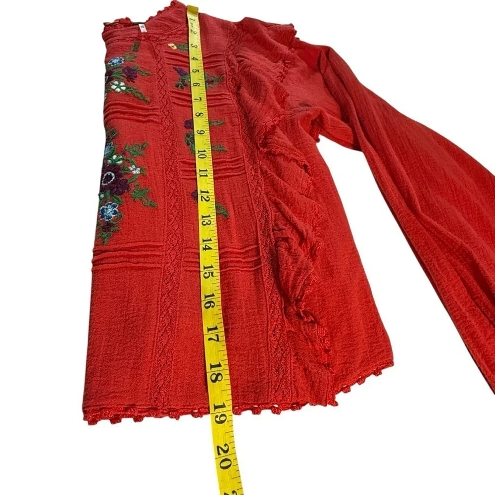 Free People The Amy Red Floral Embroidered Top Long Sleeve Sz XS Boho Ruffles